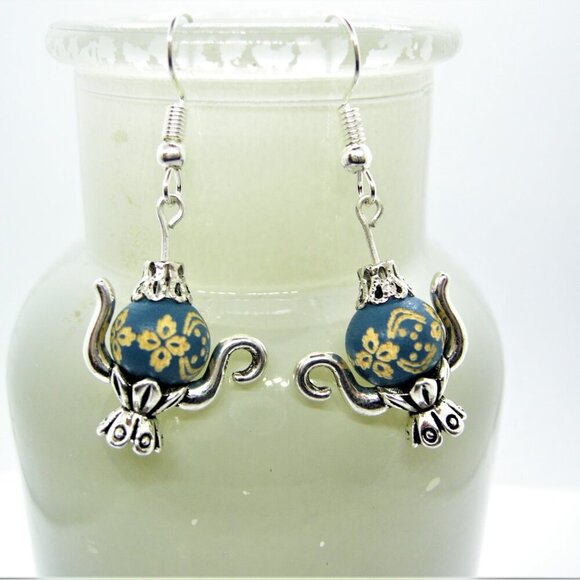 Handcrafted Teapot Earrings Dark Blue with Sterling Silver Hooks - Picture 2 of 7